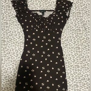 Floral Brown Dress with Pink Petals and Ruffled Neckline and Sleeves